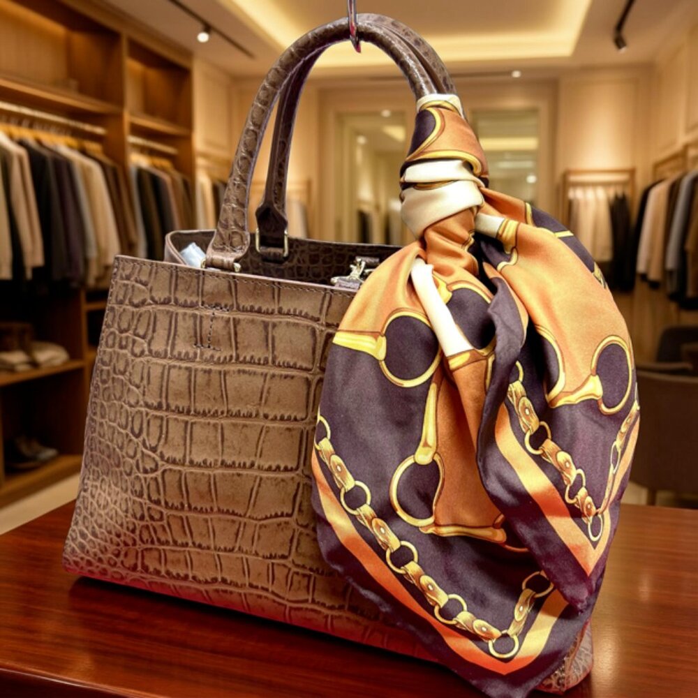 Unused  Cat In The Closet Leather Brown  Alligator Shoulder Bag+FREE Silk Scarf